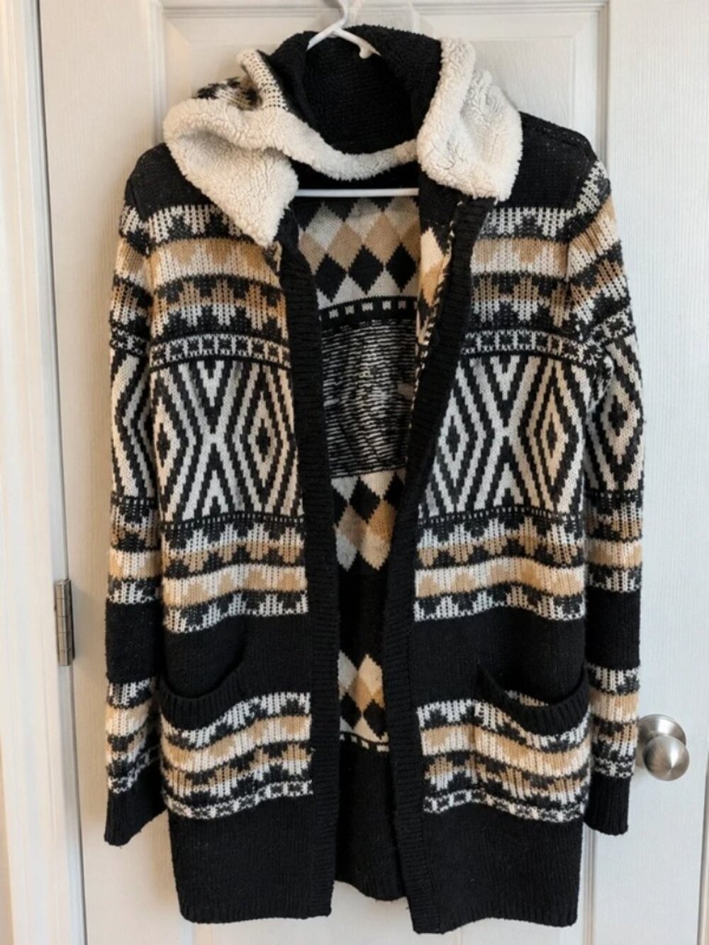 Knit Sherpa Aztec geo tribal print Sherpa hoodie Long maxi Cardigan pockets